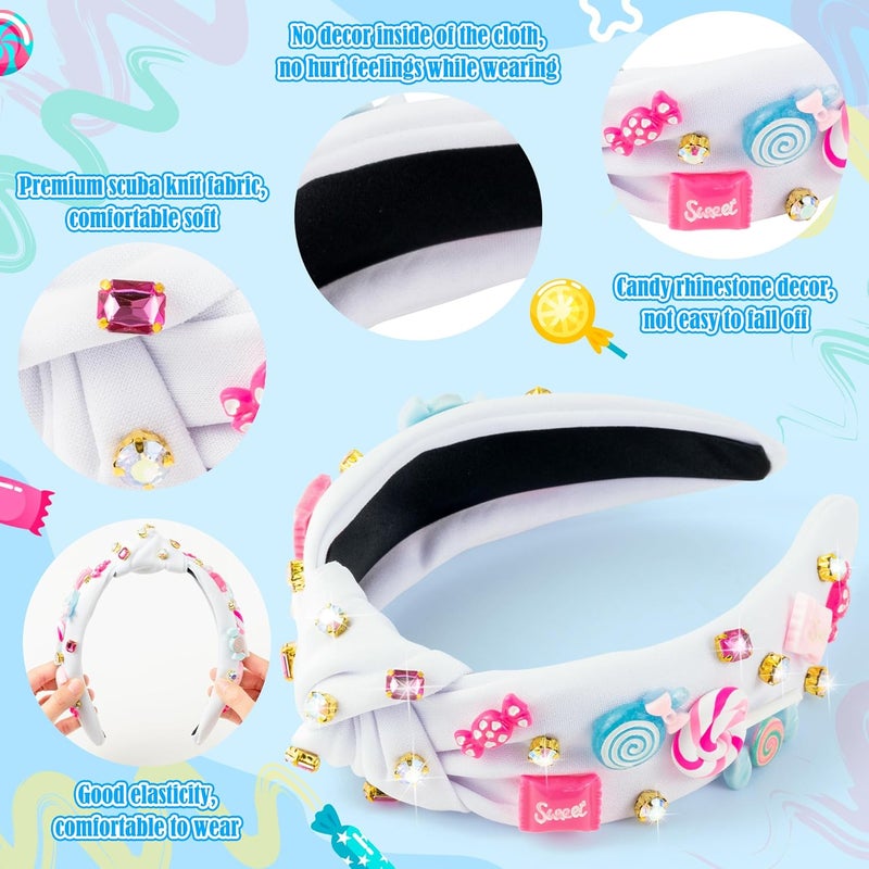 PANTIDE Candy Jeweled Knotted Headband - Christmas Sugar Lollipop Rhinestone Crystal Embellished Preppy Headband Wide Top Knot Fashion Hair Accessories Candyland Birthday Gift for Women Girls (White) - Image 3